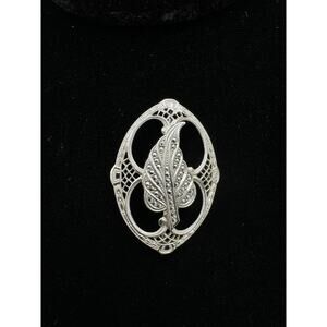 Vintage Sterling Silver Filigree Marcasite Leaf Brooch Pin